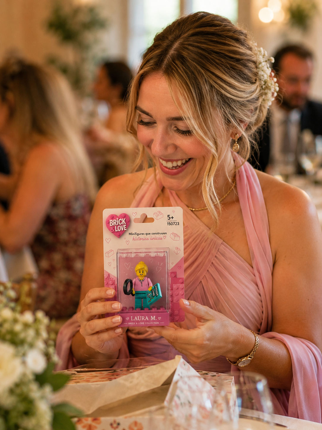Invitada emocionada abriendo su edición Brick & Love en la mesa de la boda