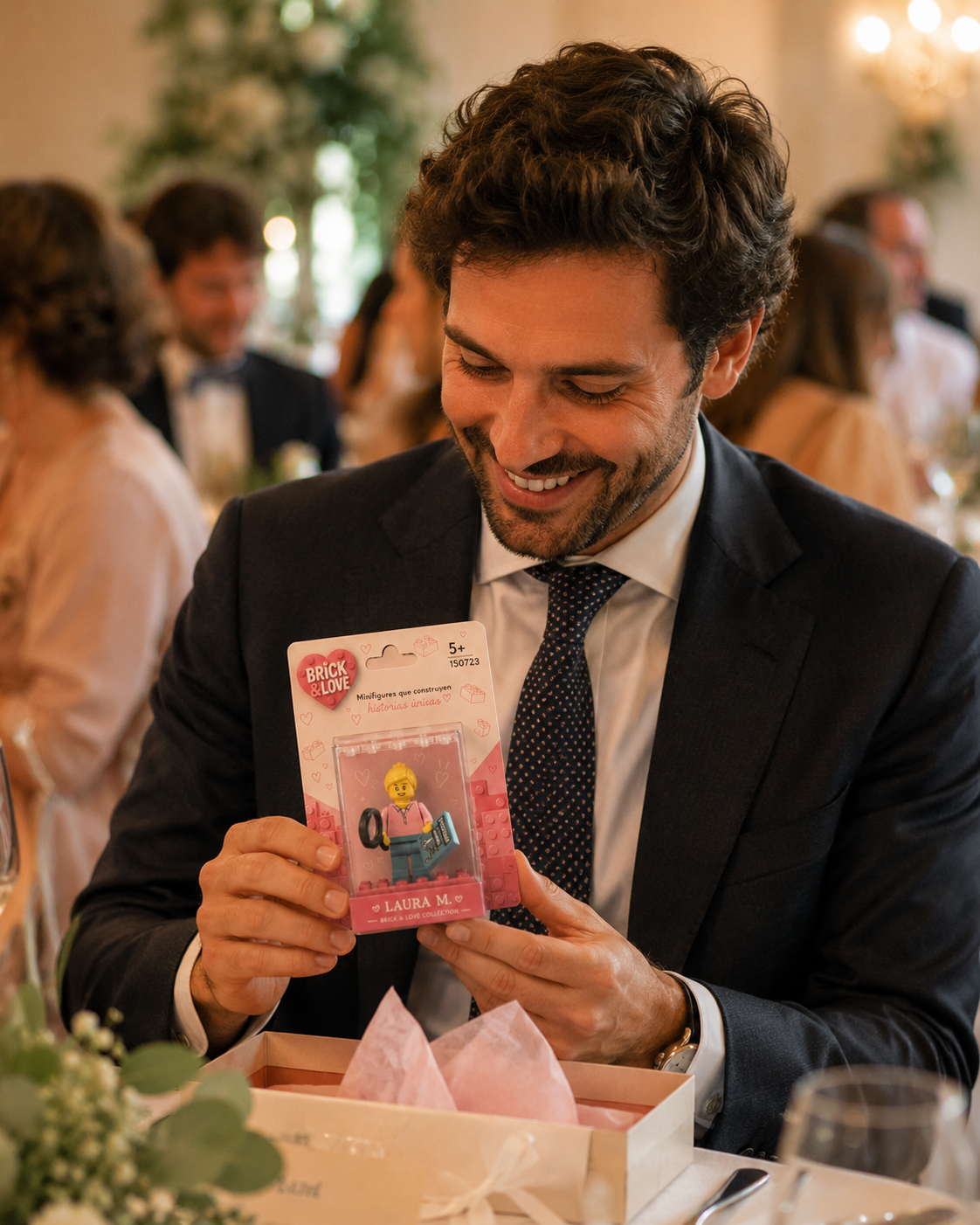 Invitado sonriendo al descubrir su minifigura Brick & Love personalizada