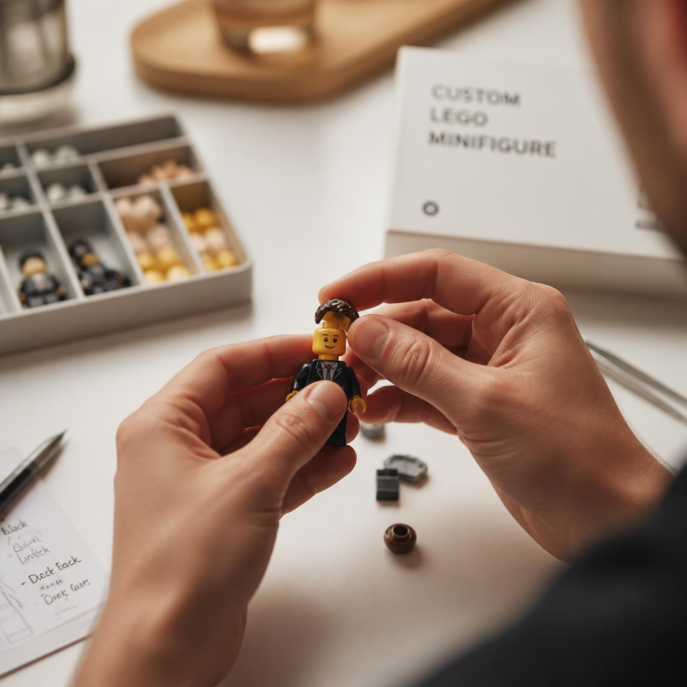 Artesano montando a mano una minifigura personalizada