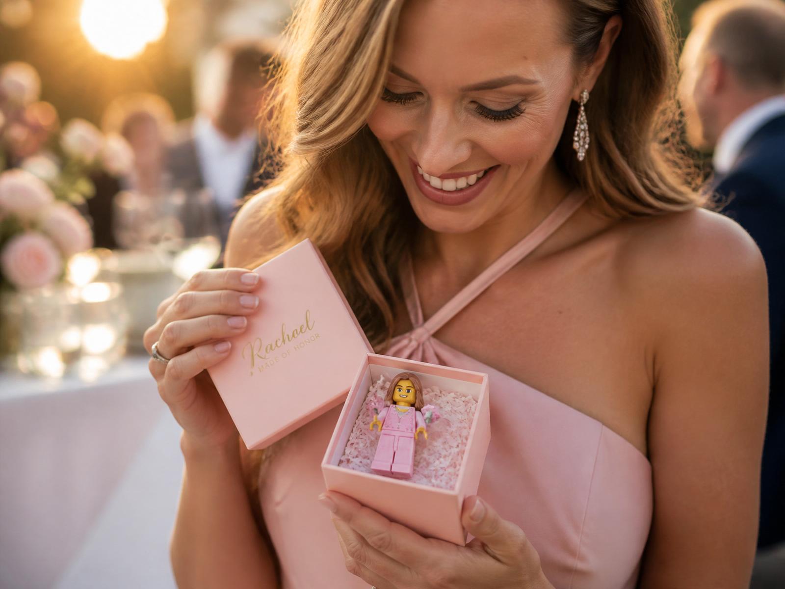Invitada de boda emocionada abriendo una caja Brick & Love con su minifigura personalizada